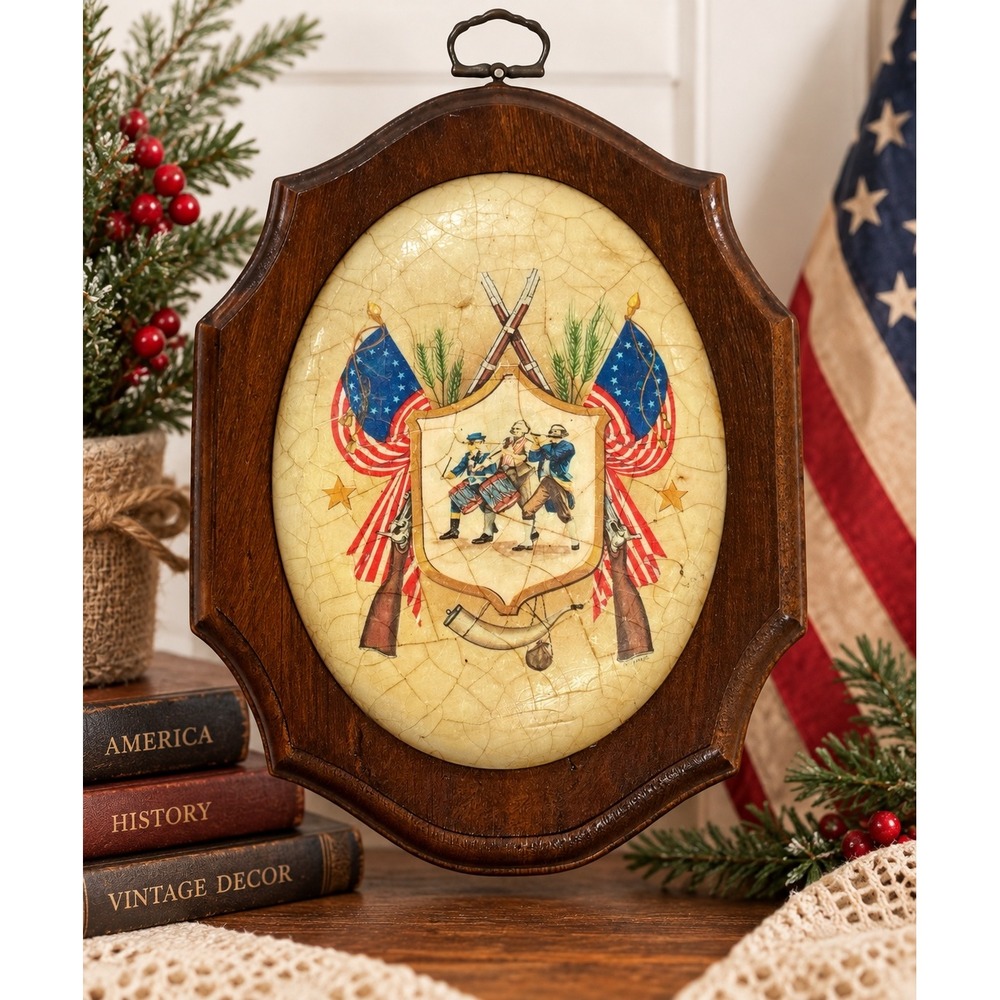 Vintage BK Art Decor Patriotic Wall Plaque Revolutionary War Americana Wood 7.5"